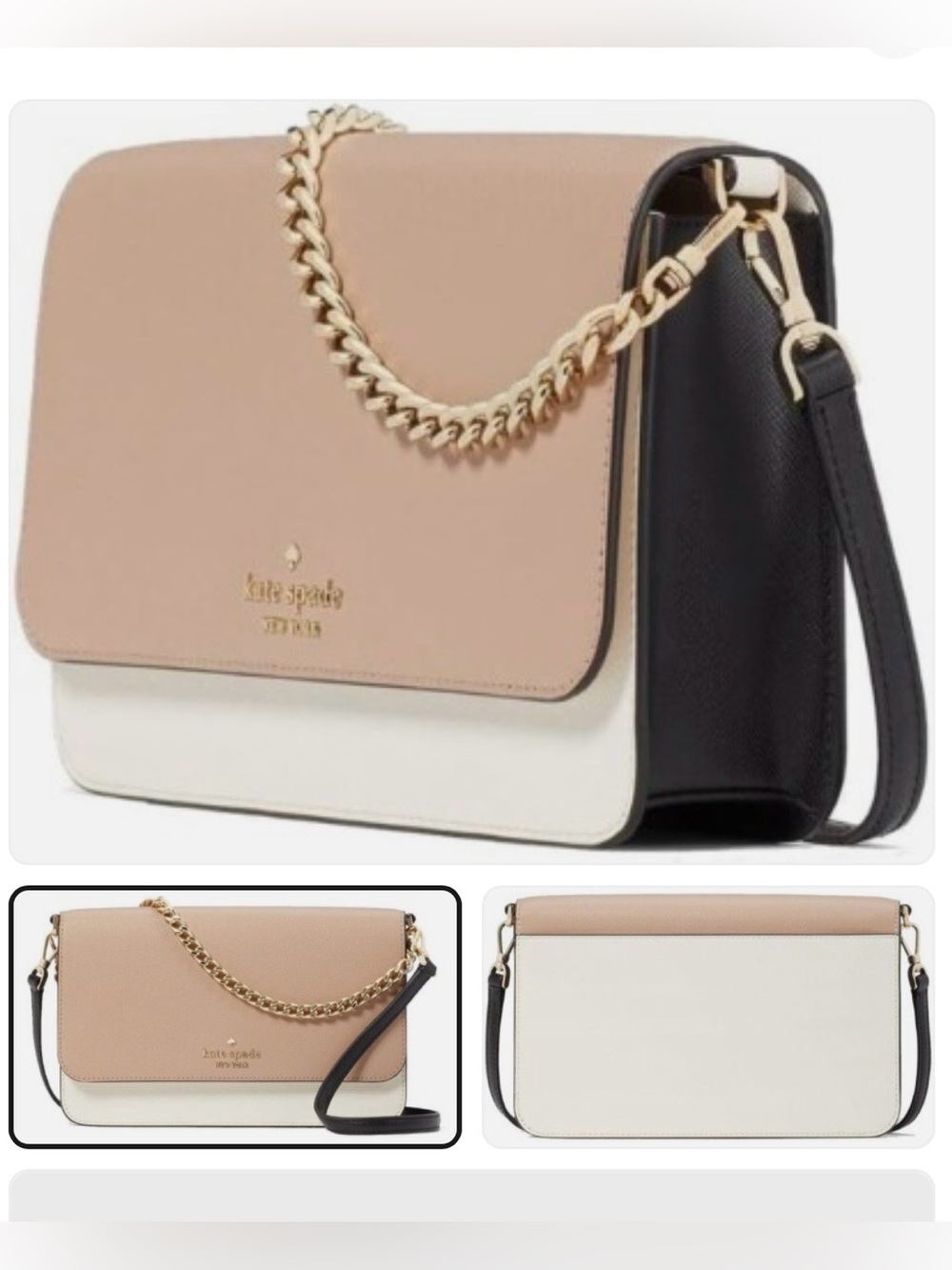 Kate Spade Neutral Tri-Color Flap Crossbody Bag with Gold Chain Accent